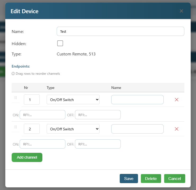 Edit channels — fields for ON and OFF RF1