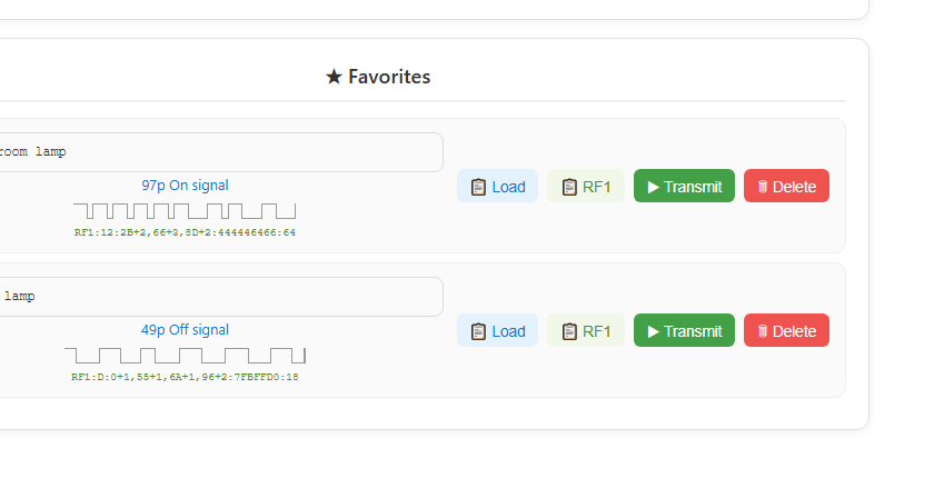 Favorites panel in the Replay view with two saved signals