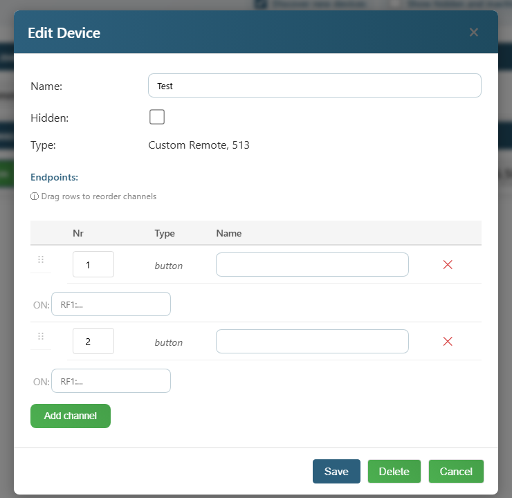 Channels set to type Button — only one ON field per row, no OFF
