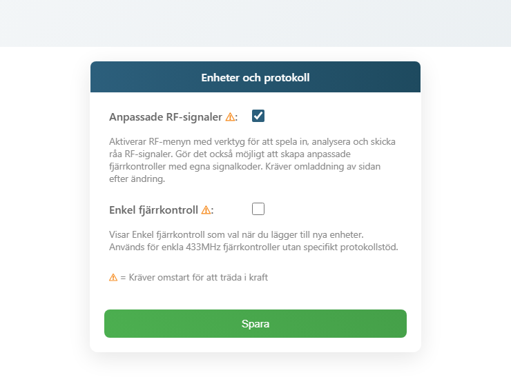 Aktivera Anpassade RF-signaler under Avancerat