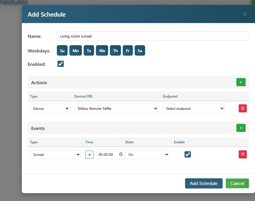 Add schedule dialog filled in with Telldus device, Sunset, On