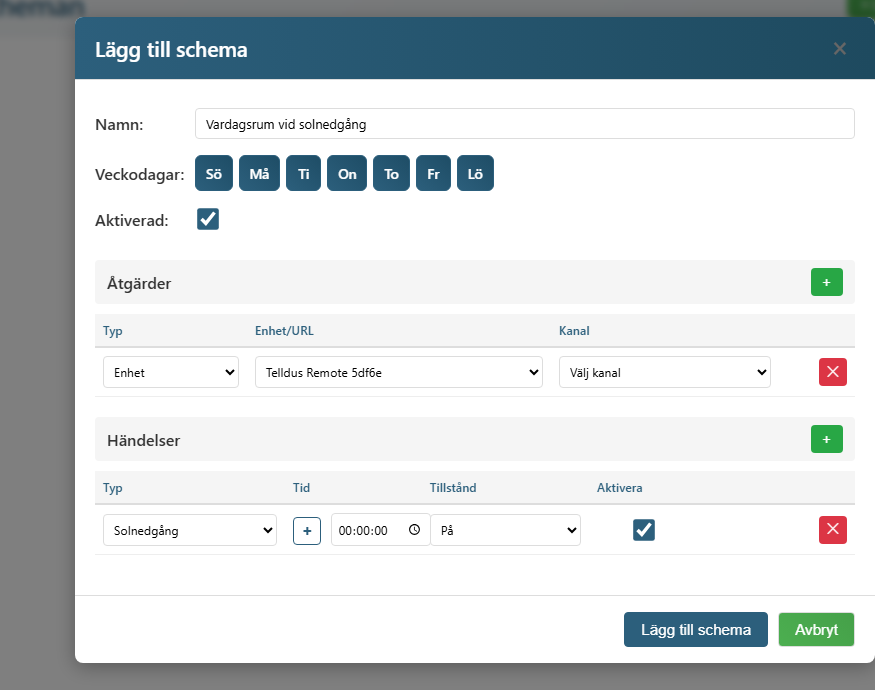 Lägg till schema-dialog ifylld med Telldus-enhet, Sunset, On